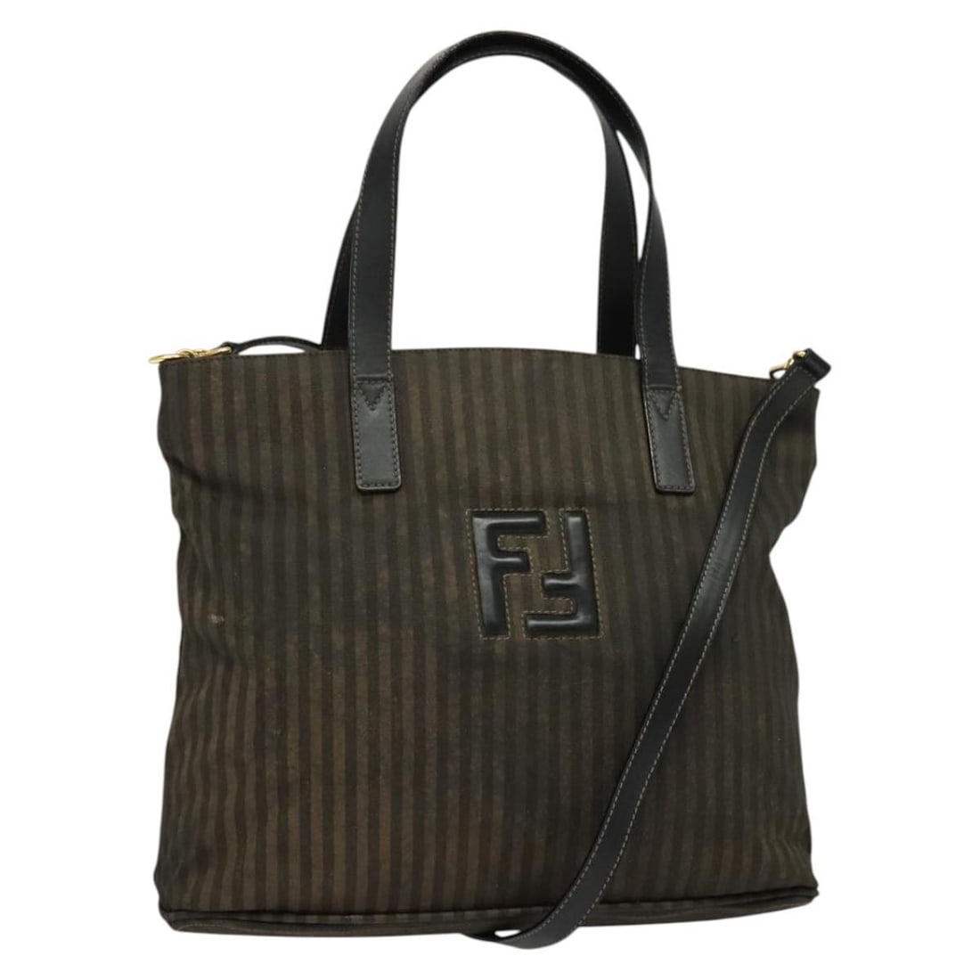 Fendi Pecan Canvas Tote Bag PVC Black Brown Gold Made in Italy: Fendi Pecan Canvas Tote Bag PVC Black Brown Gold Made in Italy This authentic Fendi Pecan Canvas Tote Bag is a stylish accessory crafted in Italy, featuring a chic combination of black, brown, and gol