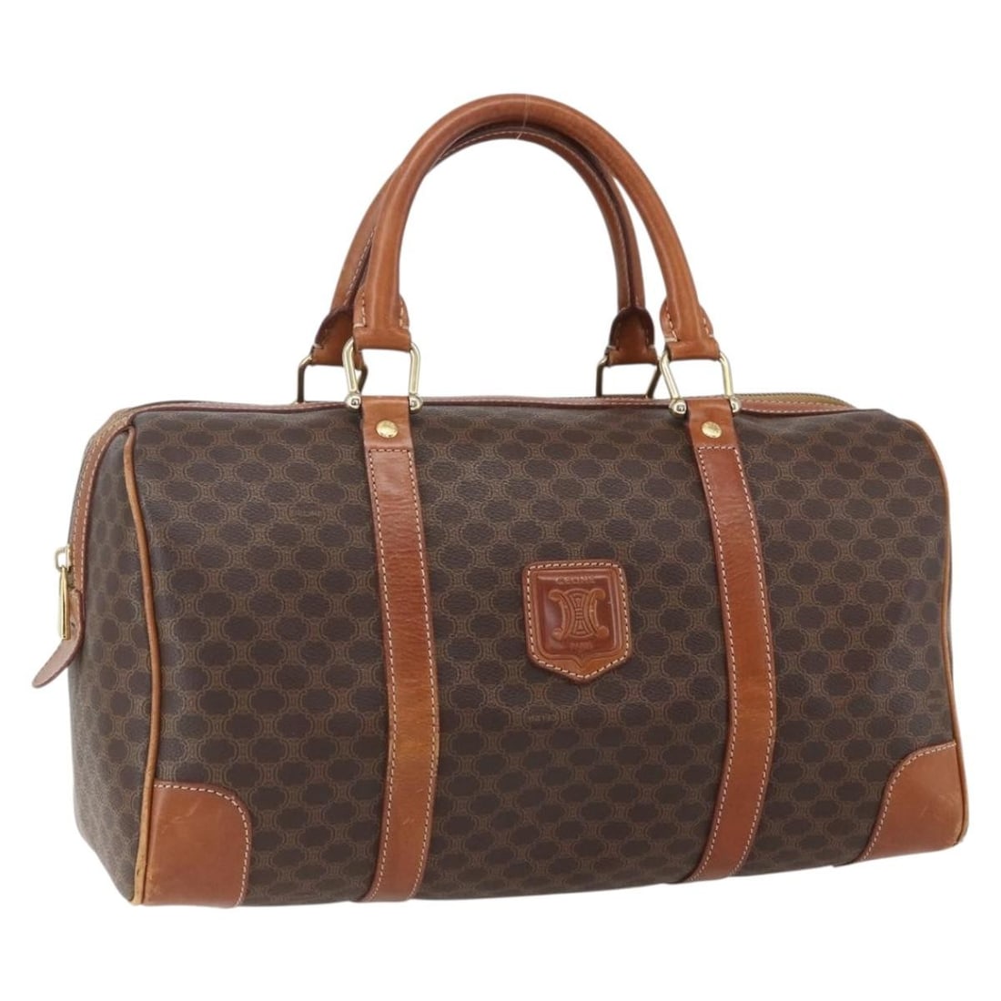CELINE Macadam Canvas Boston Bag Brown Gold PVC Leather Auth: CELINE Macadam Canvas Boston Bag Brown Gold PVC Leather Auth This CELINE Macadam Canvas Boston Bag is a stylish accessory crafted in Italy, featuring a combination of PVC leather and Macadam canvas in