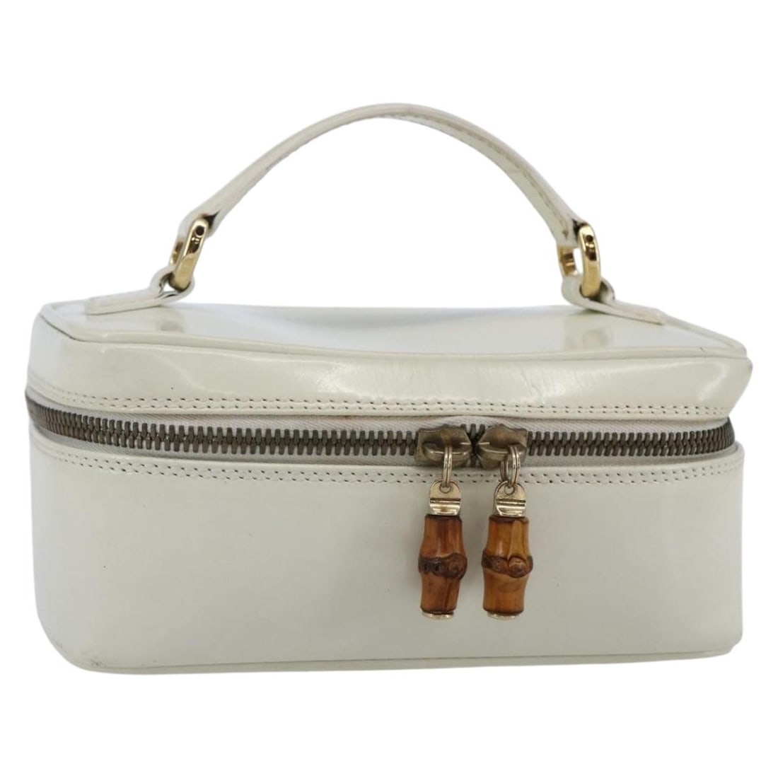 GUCCI Bamboo Vanity Hand Bag Leather White Gold 032 1956 0151 Authentic: GUCCI Bamboo Vanity Hand Bag Leather White Gold 032 1956 0151 Authentic Introducing the GUCCI Bamboo Vanity Hand Bag, a stylish accessory crafted in Italy from high-quality leather. This elegant bag f