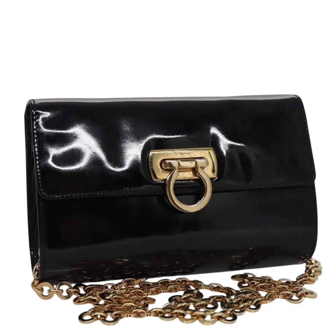 Salvatore Ferragamo Gancini Chain Shoulder Bag Black Gold Enamel Auth (1 of 18)