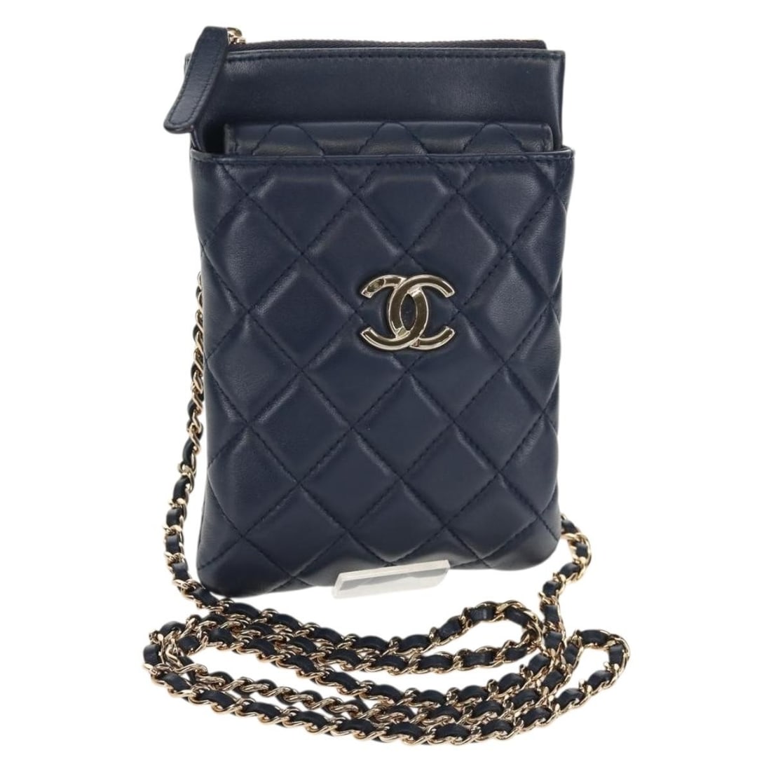 CHANEL Matelasse Navy Gold Lambskin Phone Case Shoulder Bag BA8715SAV: CHANEL Matelasse Navy Gold Lambskin Phone Case Shoulder Bag BA8715SAV This exquisite CHANEL Matelasse Chain Phone Case Bag is crafted from luxurious lambskin leather in a stunning navy and gold color