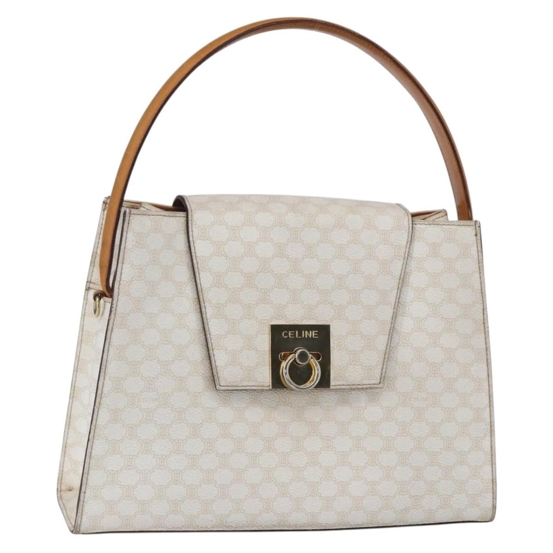 CELINE Macadam Canvas Boston Bag White Gold PVC Leather Auth 151042: CELINE Macadam Canvas Boston Bag White Gold PVC Leather Auth 151042 This CELINE Macadam Canvas Boston Bag is a stylish accessory that combines elegance with practicality. Crafted in Italy, this bag fe
