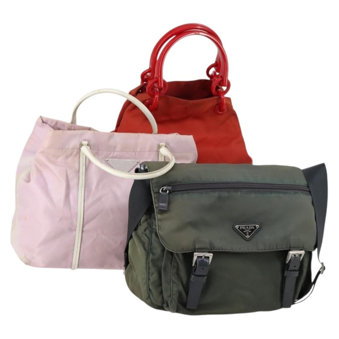 PRADA Red Pink Khaki Nylon Shoulder Bag 3 Piece Set Authentic (1 of 18)