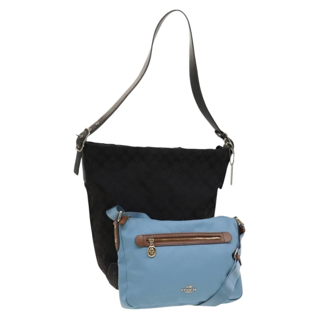 Coach Signature Nylon Shoulder Bag Set of 2 Blue Black Auth: Coach Signature Nylon Shoulder Bag Set of 2 Blue Black Auth This Coach Signature Shoulder Bag is a stylish and practical accessory made from durable nylon. The bag features a striking blue and black e