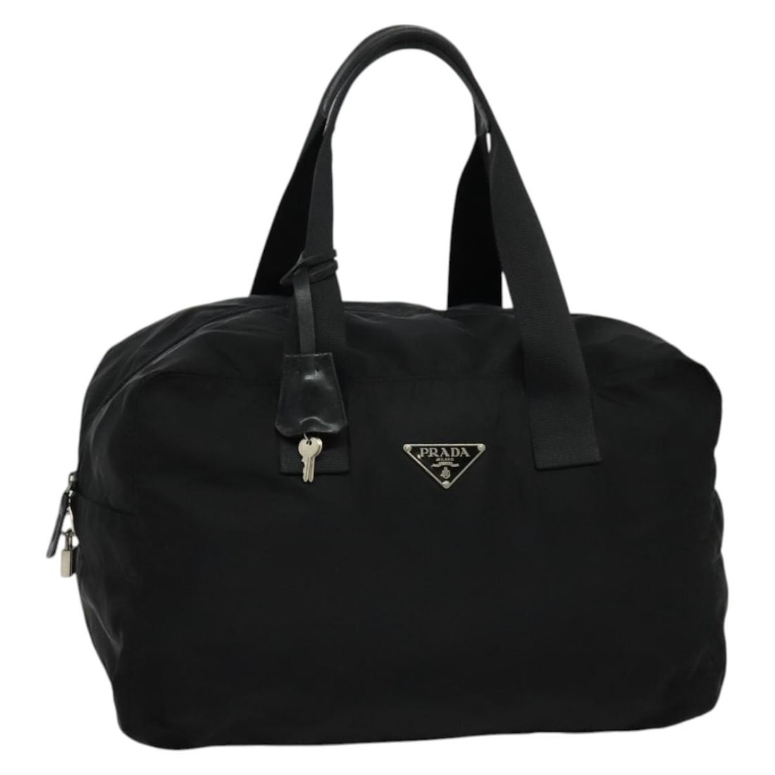 PRADA Black Silver Nylon Boston Bag Authentic Made in Italy: PRADA Black Silver Nylon Boston Bag Authentic Made in Italy This authentic PRADA Boston Bag combines style and functionality with its sleek black nylon exterior and silver accents. Measuring