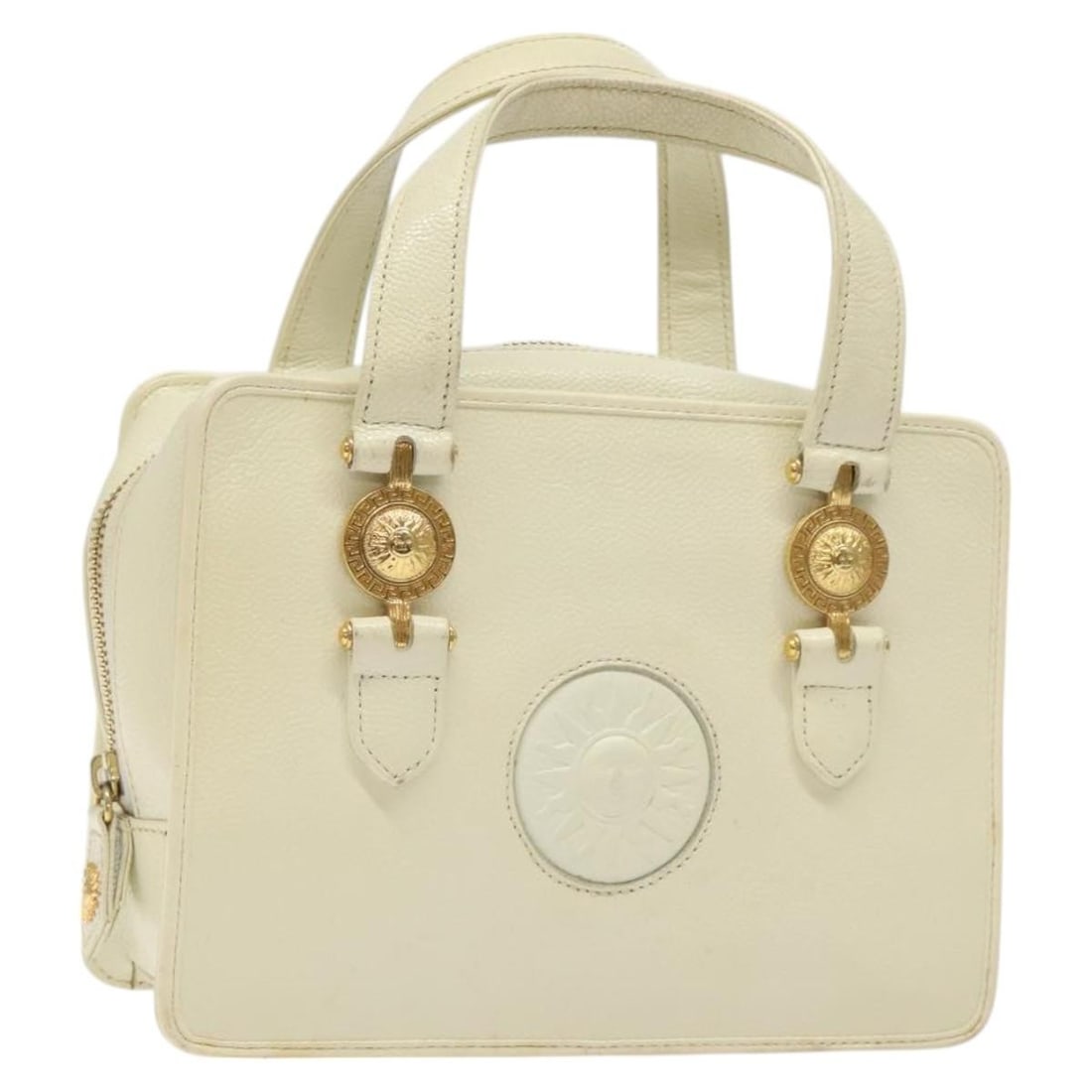 VERSACE Leather Handbag White Gold Made in Italy: VERSACE Leather Handbag White Gold Made in Italy Discover the elegance of this VERSACE Hand Bag crafted from premium leather in a striking white and gold color scheme. This stylish handbag features a