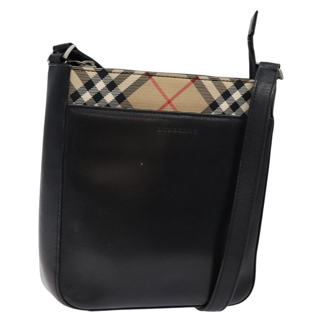 BURBERRY Black Leather Shoulder Bag with Adjustable Strap: BURBERRY Black Leather Shoulder Bag with Adjustable Strap This Burberry shoulder bag showcases a classic design crafted from premium black leather. It features a spacious interior with approximate dim