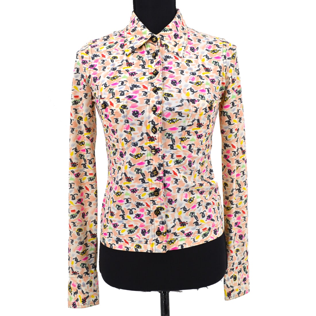 Chanel Button-Up Long Sleeve Top Shirt Pink White Black Nylon (1 of 8)