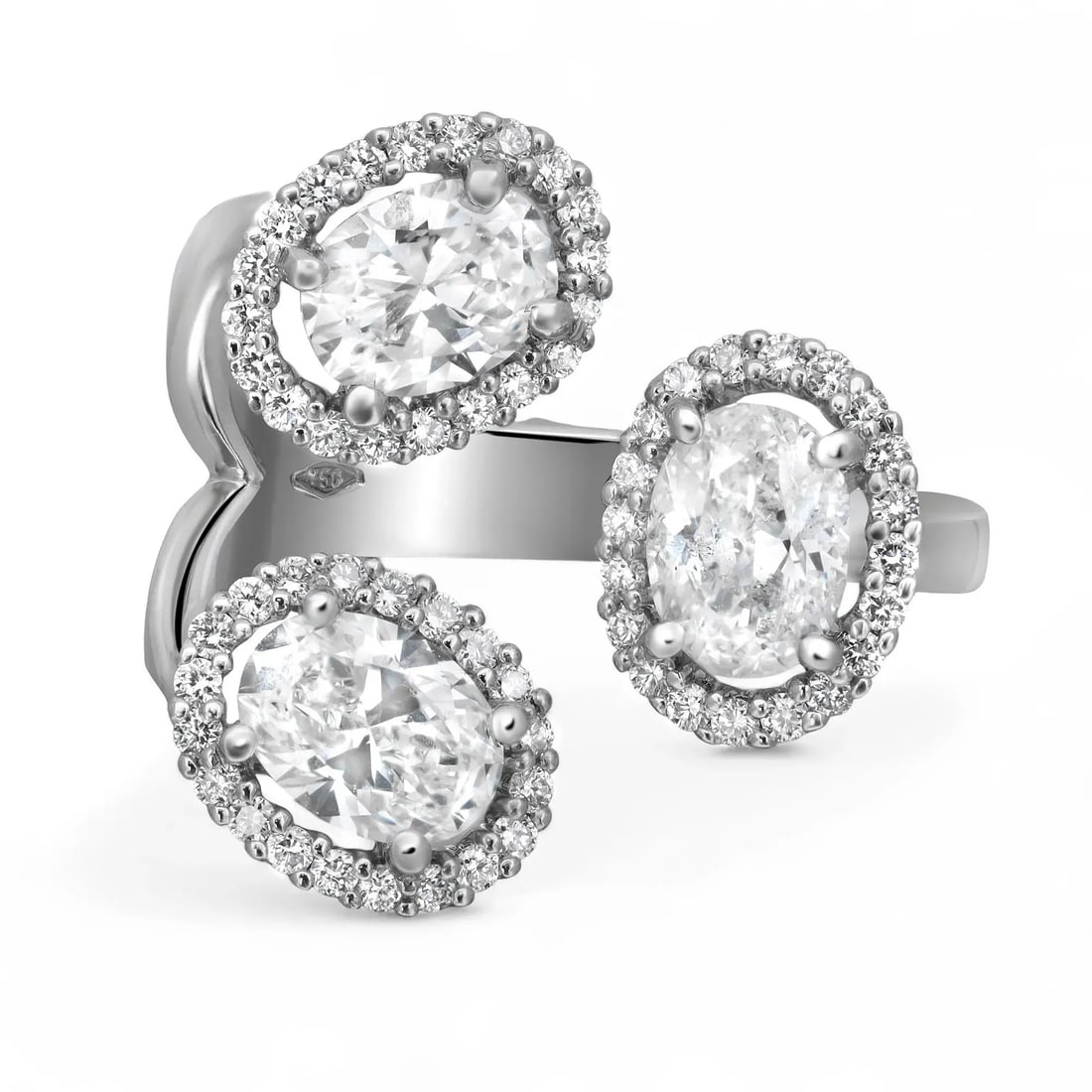 Rachel Koen 18K White Gold Three Oval Diamond Halo Ring 2.40ctw: Rachel Koen 18K White Gold Three Oval Diamond Halo Ring 2.40ctw This stunning cocktail ring features a unique three oval design crafted from luxurious 18K white gold. Adorned with three natural diamon