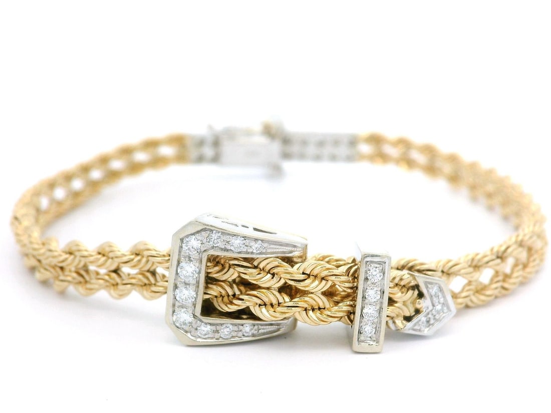 14K Gold Diamond Buckle Bracelet 0.60ctw Double Rope Link (1 of 10)
