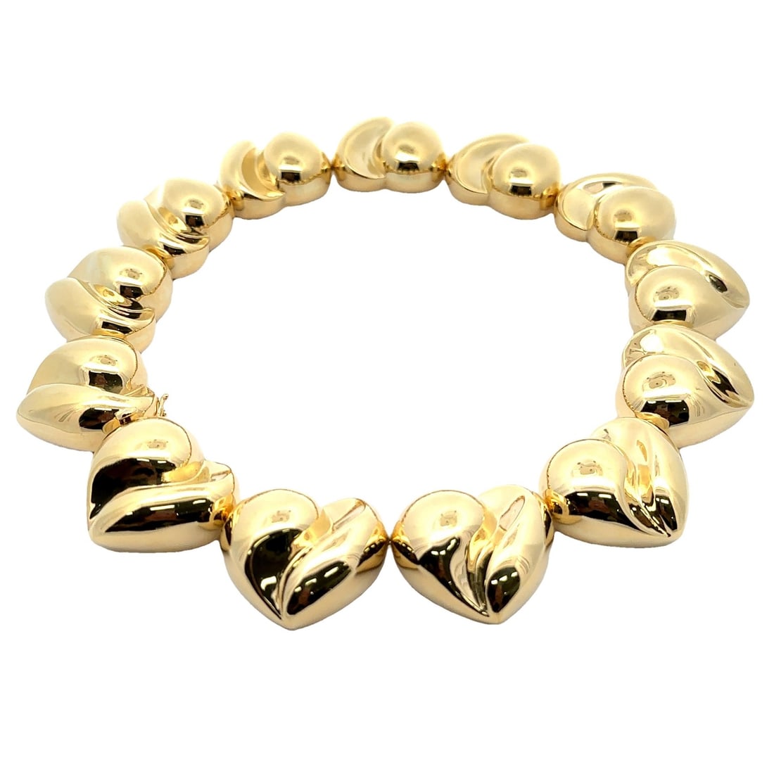 Roberto Legnazzi 18K Yellow Gold Puffed Heart Link Necklace: Roberto Legnazzi 18K Yellow Gold Puffed Heart Link Necklace Make a bold statement with this exquisite Roberto Legnazzi necklace, crafted from solid 18K yellow gold. This stunning piece features a uniq
