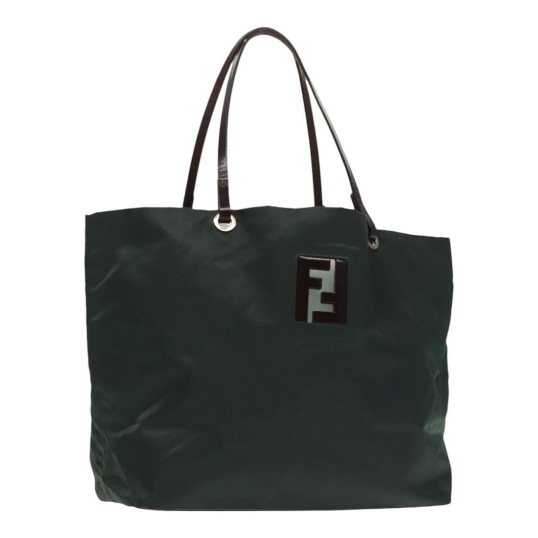 FENDI Khaki Brown Silver Nylon Hand Bag Made in Italy: FENDI Khaki Brown Silver Nylon Hand Bag Made in Italy This FENDI Hand Bag showcases a stylish combination of khaki, brown, and silver colors crafted from durable nylon. With dimensions of approximatel