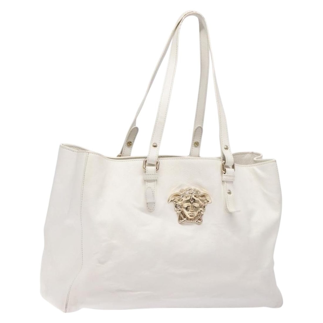 VERSACE White Gold Leather Tote Bag Made in Italy: VERSACE White Gold Leather Tote Bag Made in Italy This luxurious Versace Tote Bag, crafted in Italy, showcases a stunning white and gold leather exterior, perfect for elevating any outfit. With dimens