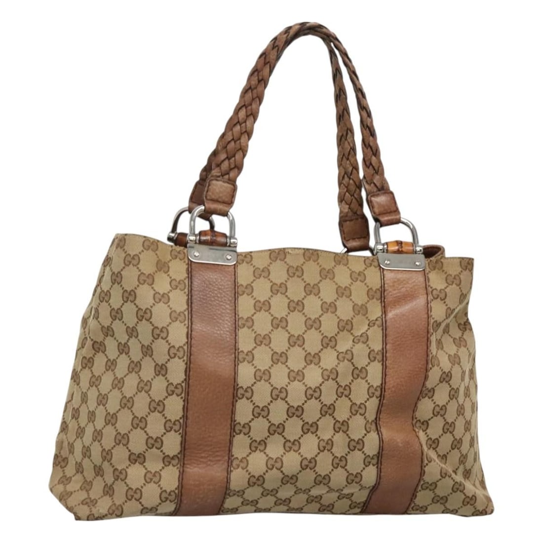 GUCCI Beige Silver GG Canvas Bamboo Tote Bag 232947 Auth (1 of 18)