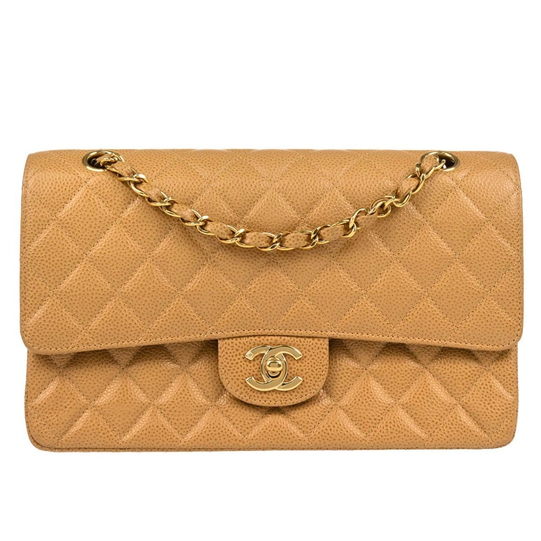 Chanel Beige Caviar Medium Classic Double Flap Shoulder Bag: Chanel Beige Caviar Medium Classic Double Flap Shoulder Bag Elevate your style with the Chanel Beige Calfskin Medium Classic Double Flap Shoulder Bag. Crafted from luxurious caviar skin leather, this