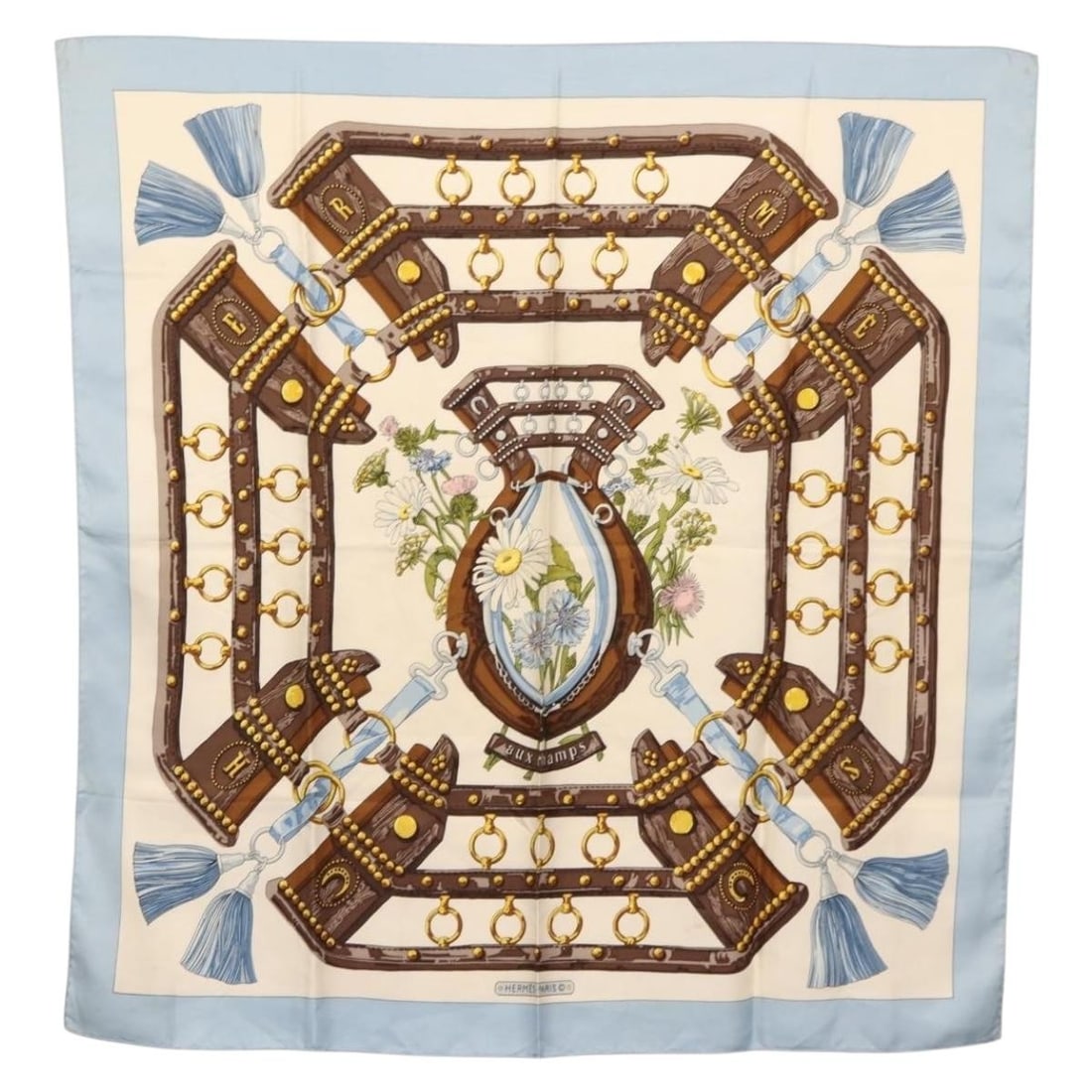 HERMES Carre 90 Scarf aux champs Light Blue Silk Authentic (1 of 12)