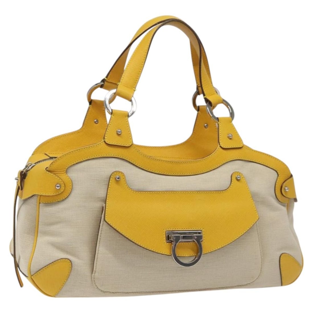 Salvatore Ferragamo Gancini Yellow Silver Canvas Handbag Auth (1 of 18)