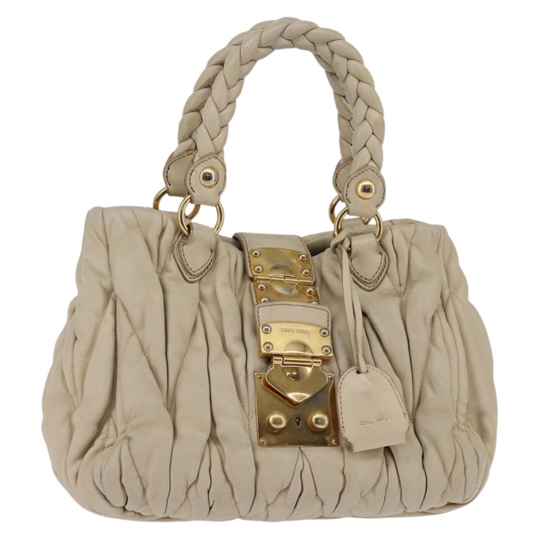 Miu Miu Matelasse Leather Hand Bag Beige Gold Auth 9.4x8.7 inches: Miu Miu Matelasse Leather Hand Bag Beige Gold Auth 9.4x8.7 inches This Miu Miu Matelasse Hand Bag is a stylish accessory crafted from high-quality leather in a sophisticated beige and gold color combi