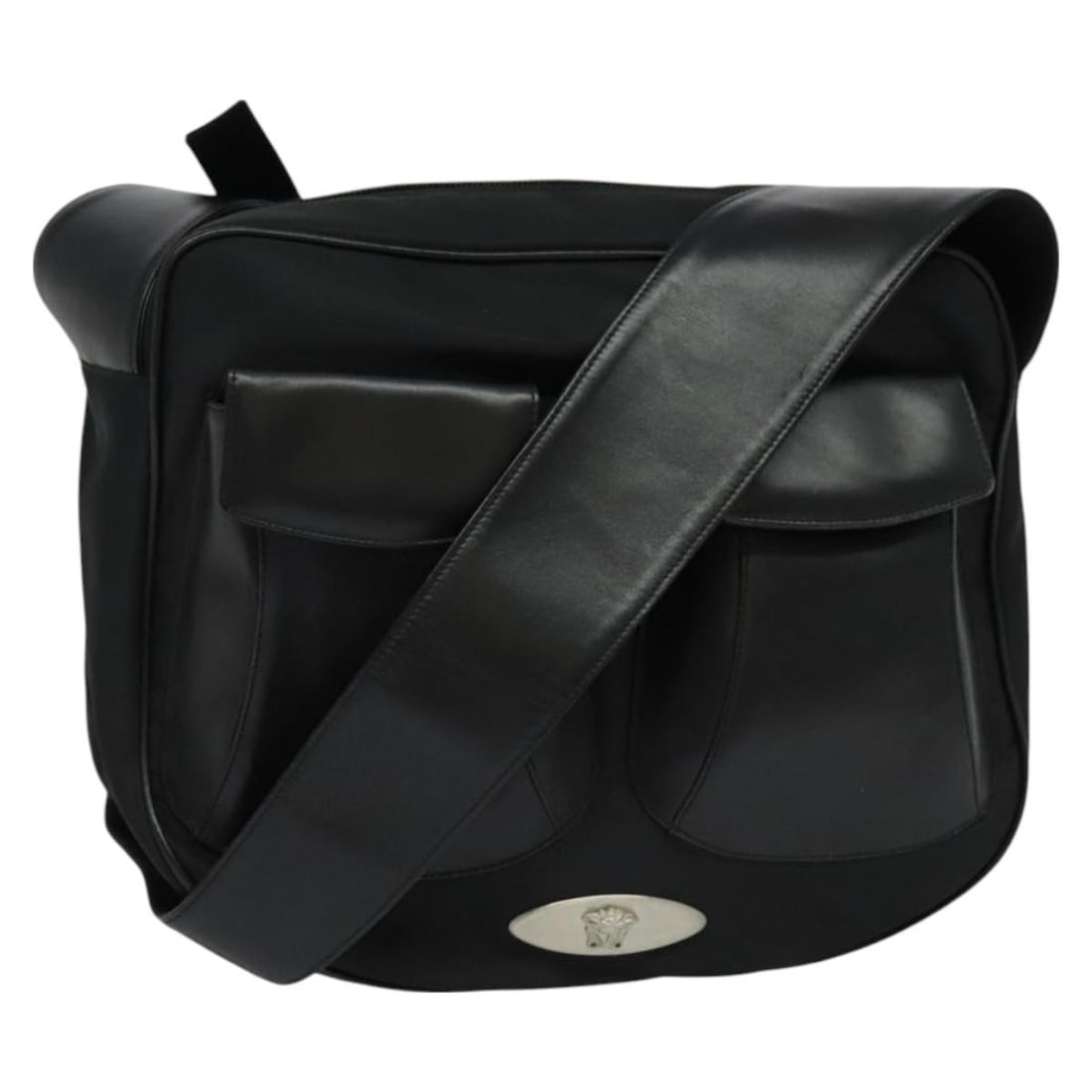 Gianni Versace Black Leather Shoulder Bag Silver Accents Made in Italy (1 of 18)