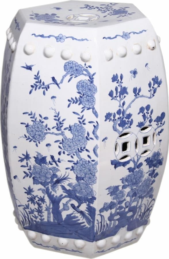 Handcrafted Blue White Ceramic Garden Stool Chinoiserie Design: Handcrafted Blue White Ceramic Garden Stool Chinoiserie Design This handcrafted blue and white ceramic stool features a charming Chinoiserie style design, adorned with a beautiful bird and floral moti