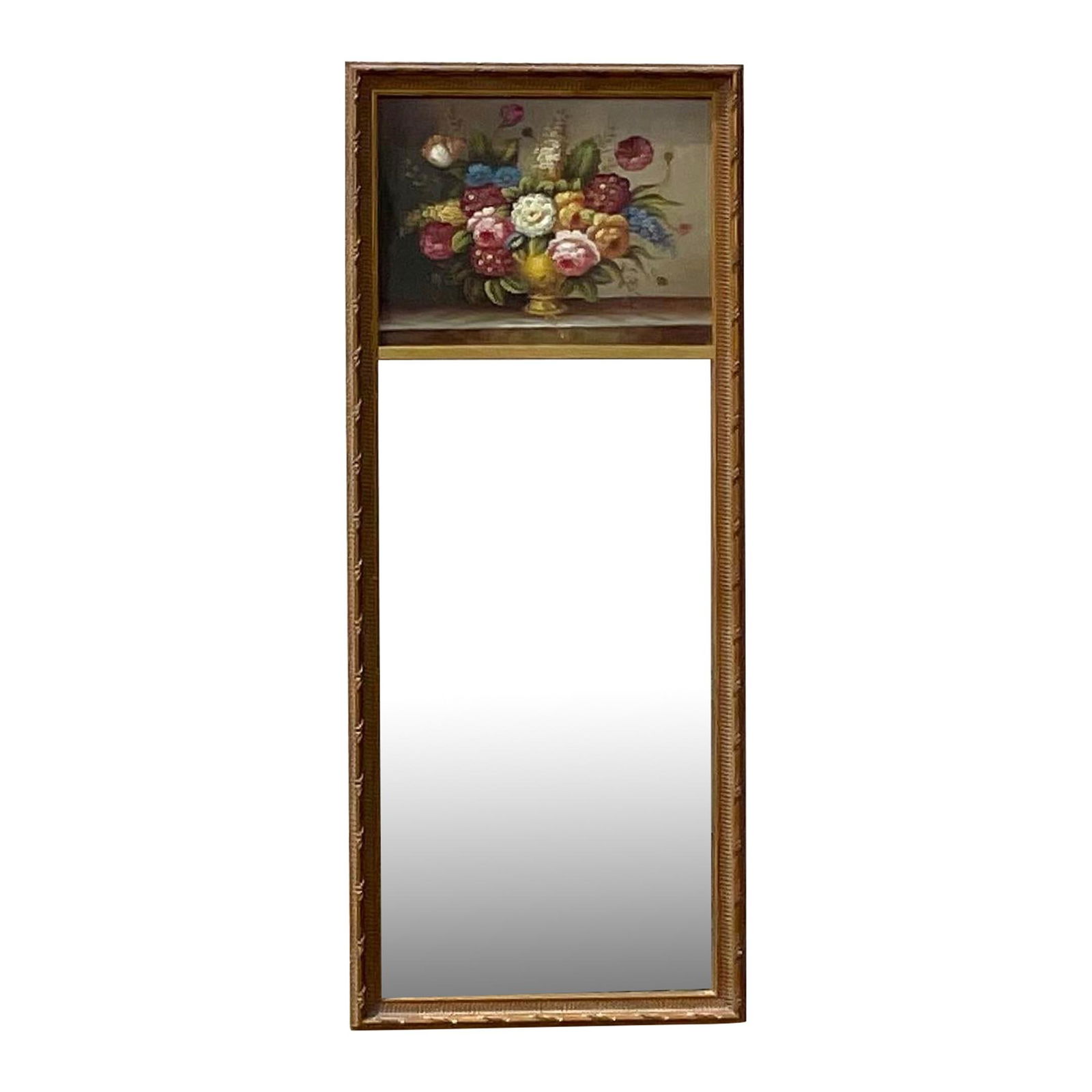 Vintage Regency Floral Trumeau Mirror Gold American Crafted 45": Vintage Regency Floral Trumeau Mirror Gold American Crafted 45" Enhance your decor with this Vintage Regency Floral Trumeau Mirror, an exquisite piece that embodies vintage elegance. Crafted in Americ