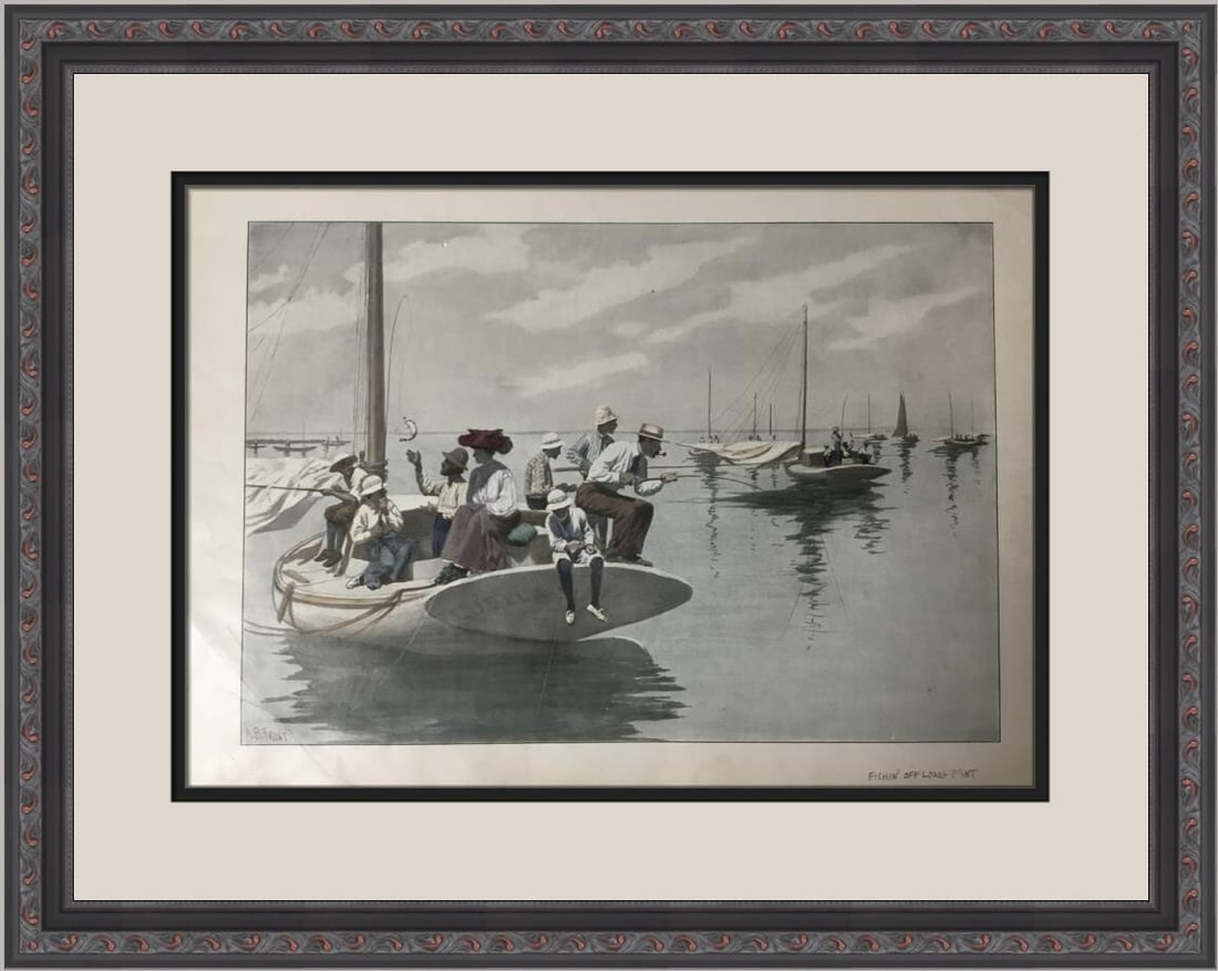 A.B. Frost 1904 Fishing Off Long Point Lithograph Custom Framed 16 x 21: A.B. Frost 1904 Fishing Off Long Point Lithograph Custom Framed 16 x 21 This stunning lithograph by A.B. Frost, titled "Fishing Off Long Point," captures a serene moment in nature. Created in 1904, it