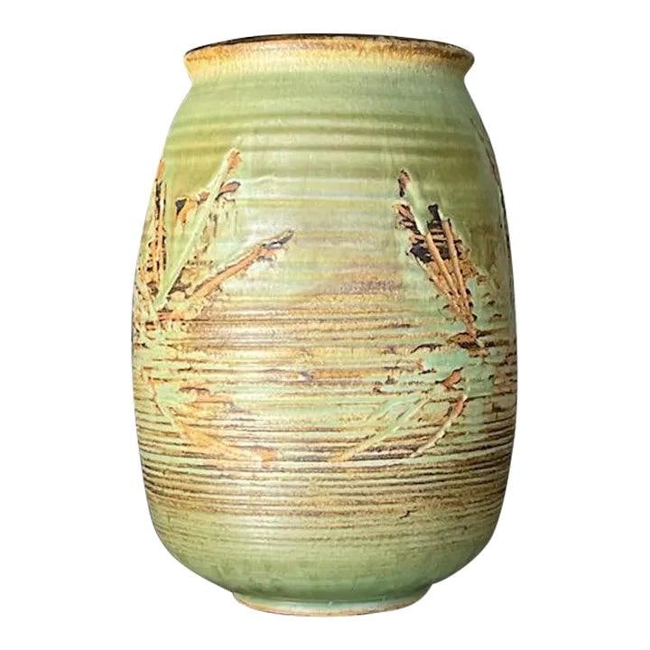Handcrafted Studio Pottery Vase with Artist Signature and Textured Green Glaze: Handcrafted Studio Pottery Vase with Artist Signature and Textured Green Glaze This vintage Boho studio pottery vase is signed and features a beautifully textured matte glaze in earthy pistachio green