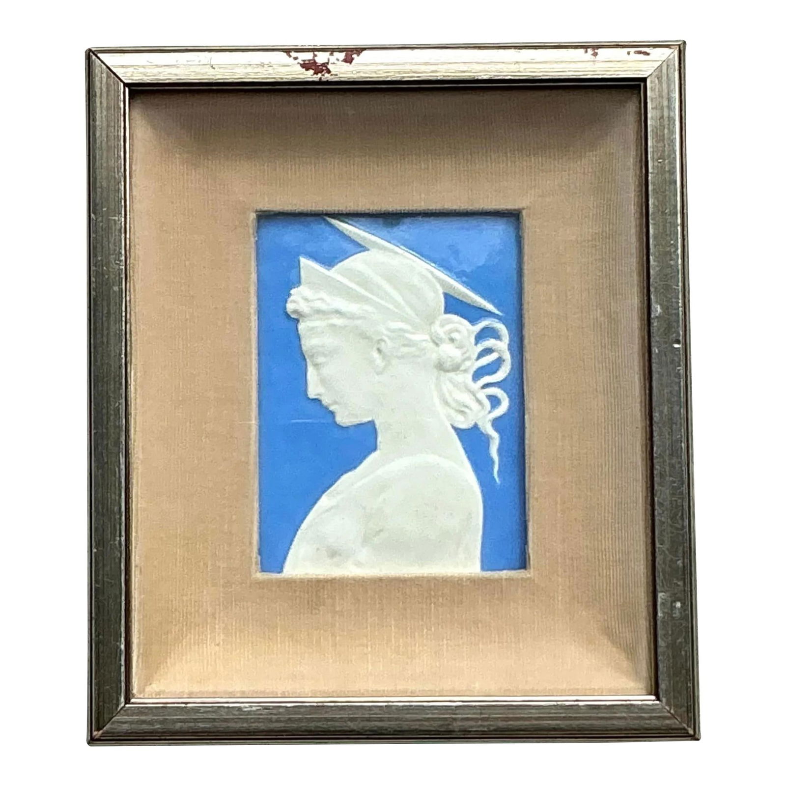Vintage Boho Framed Ceramic Profile Relief Sky Blue Art: Vintage Boho Framed Ceramic Profile Relief Sky Blue Art Experience timeless elegance with this vintage boho-style framed ceramic profile relief. Featuring a delicate white profile against a striking s