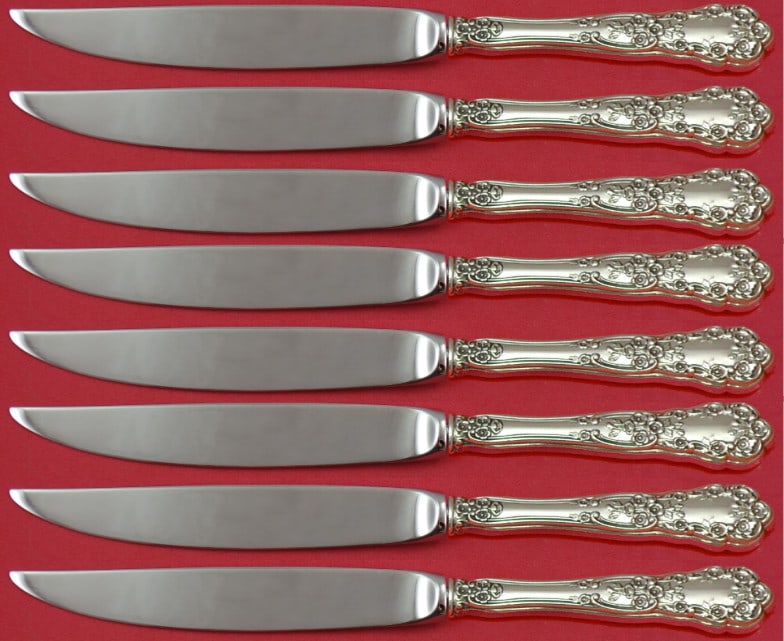 Gorham Buttercup Sterling Silver Steak Knife Set 8pc Not Serrated: Gorham Buttercup Sterling Silver Steak Knife Set 8pc Not Serrated Experience the elegance of dining with the Buttercup by Gorham Sterling Silver Steak Knife Set. This exquisite set features eight 8-in