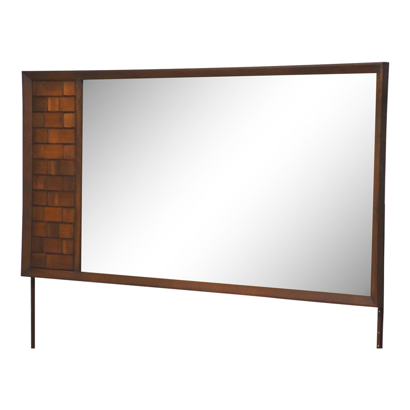 Mid-Century Modern Walnut Brutalist Style Mirror 74x36.5: Mid-Century Modern Walnut Brutalist Style Mirror 74x36.5 This exquisite mid-century modern mirror features a unique walnut block front design in a striking brutalist style. The warm brown color enhanc