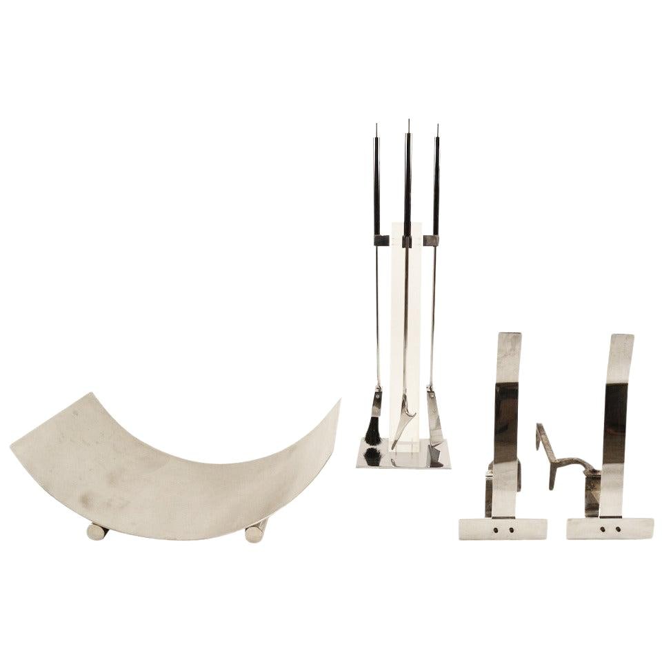 Modernist Lucite Chrome Fireplace Set with Tools Screen Andirons Log Holder: Modernist Lucite Chrome Fireplace Set with Tools Screen Andirons Log Holder Discover this rare complete modernist fireplace set, featuring a stunning combination of Lucite and chrome. The set includes