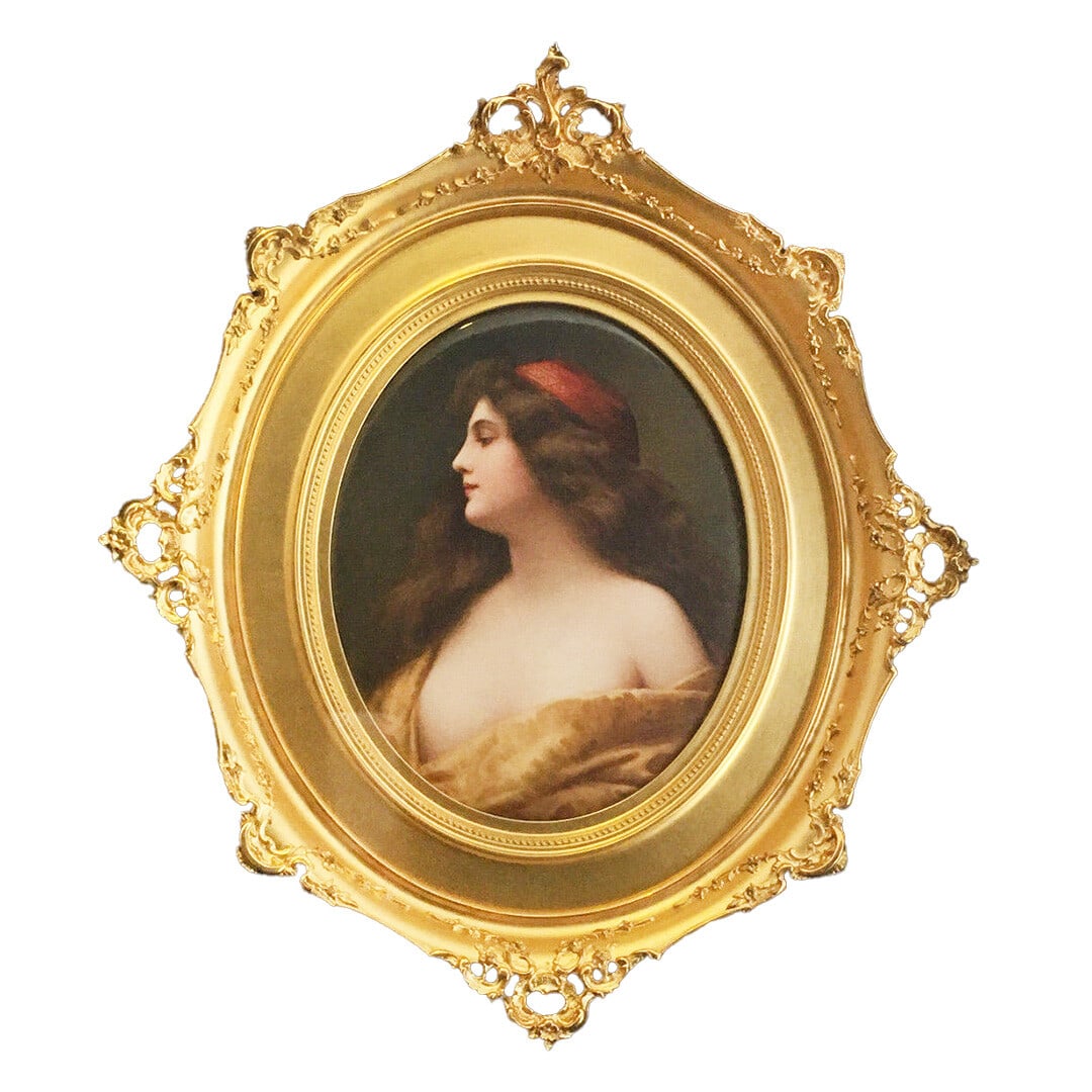 Antique KPM Porcelain Plaque Painting by Wagner 1875 Art Nouveau Gilt Frame: Antique KPM Porcelain Plaque Painting by Wagner 1875 Art Nouveau Gilt Frame This exquisite antique painting features a captivating portrait of a woman, beautifully crafted as a KPM porcelain plaque. C