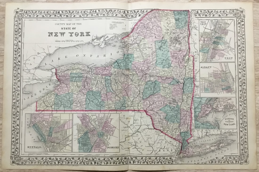 Original 1877 Vintage Map of New York State 15 x 23: Original 1877 Vintage Map of New York State 15 x 23 Explore a piece of history with this original 1877 vintage map of New York State. This meticulously preserved map, measuring 15" x 23", showcases th