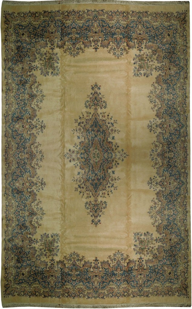 Antique Persian Kerman Rug 11.10 x 18.9 ft Ivory Floral Motifs (1 of 6)