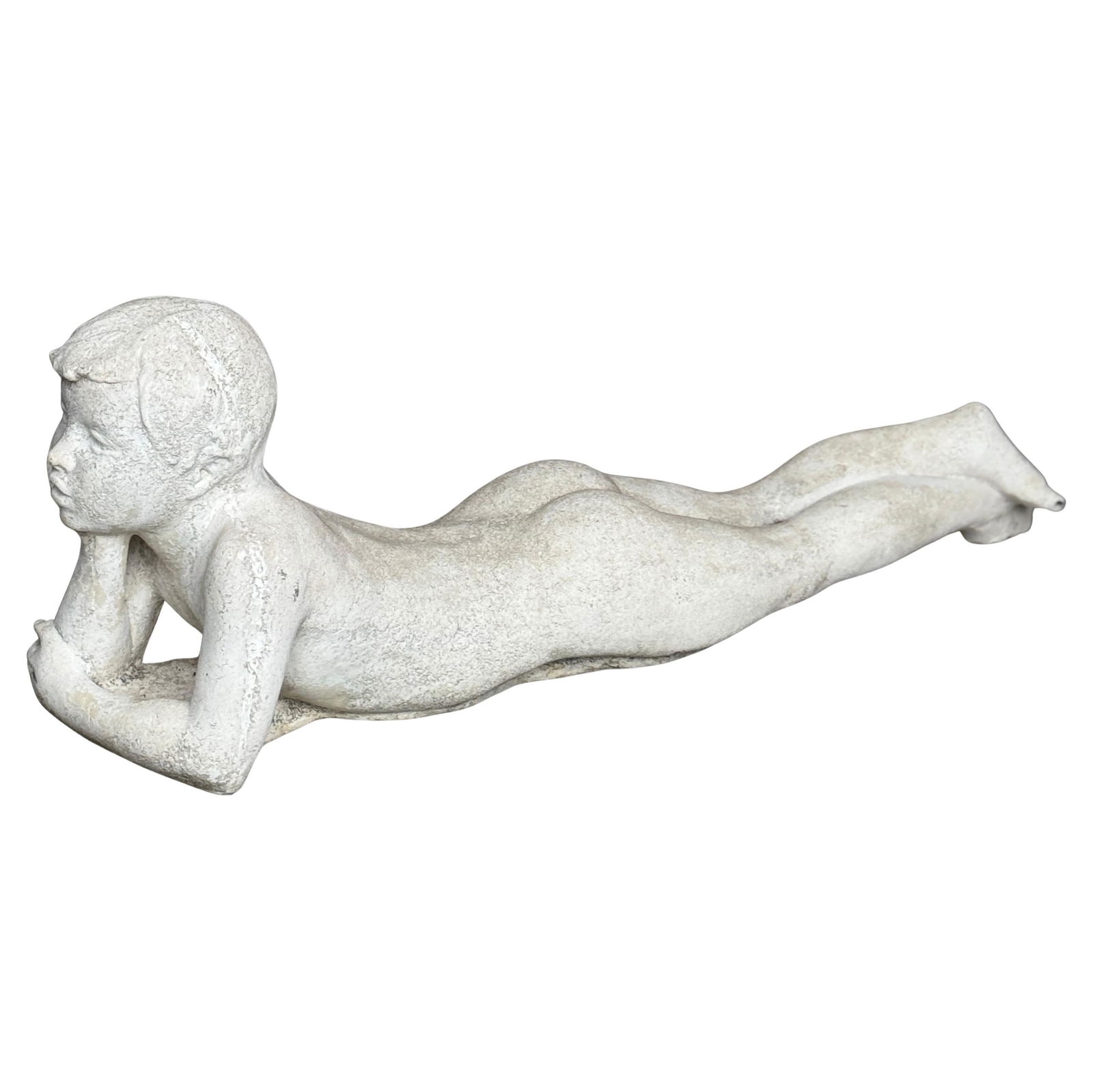 1950s American Art Deco Cast Stone Sculpture of Daydreaming Youth: 1950s American Art Deco Cast Stone Sculpture of Daydreaming Youth This exquisite American Art Deco-style garden sculpture captures the serene essence of a daydreaming youth. Crafted in the 1950s from