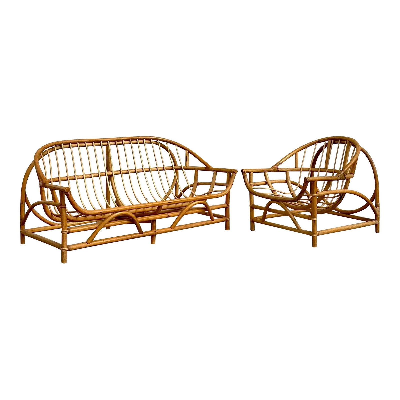 Vintage Coastal Rattan Sofa and Chair Set for Relaxed Decor: Vintage Coastal Rattan Sofa and Chair Set for Relaxed Decor Enhance your space with this charming vintage coastal set featuring a bent rattan sofa and matching chair. The beautifully curved frames and