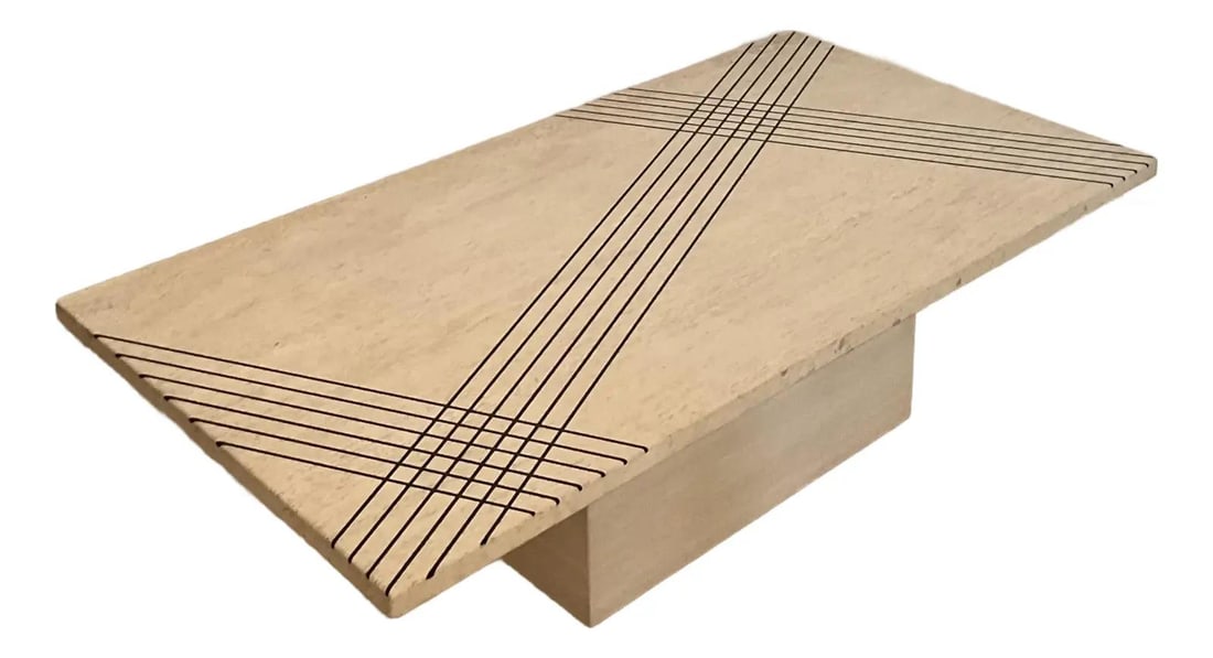Vintage Italian Travertine Coffee Table with Inlay Design: Vintage Italian Travertine Coffee Table with Inlay Design Experience the monumental elegance of Italian design with this stunning vintage coffee table, expertly crafted from solid travertine. Its capt