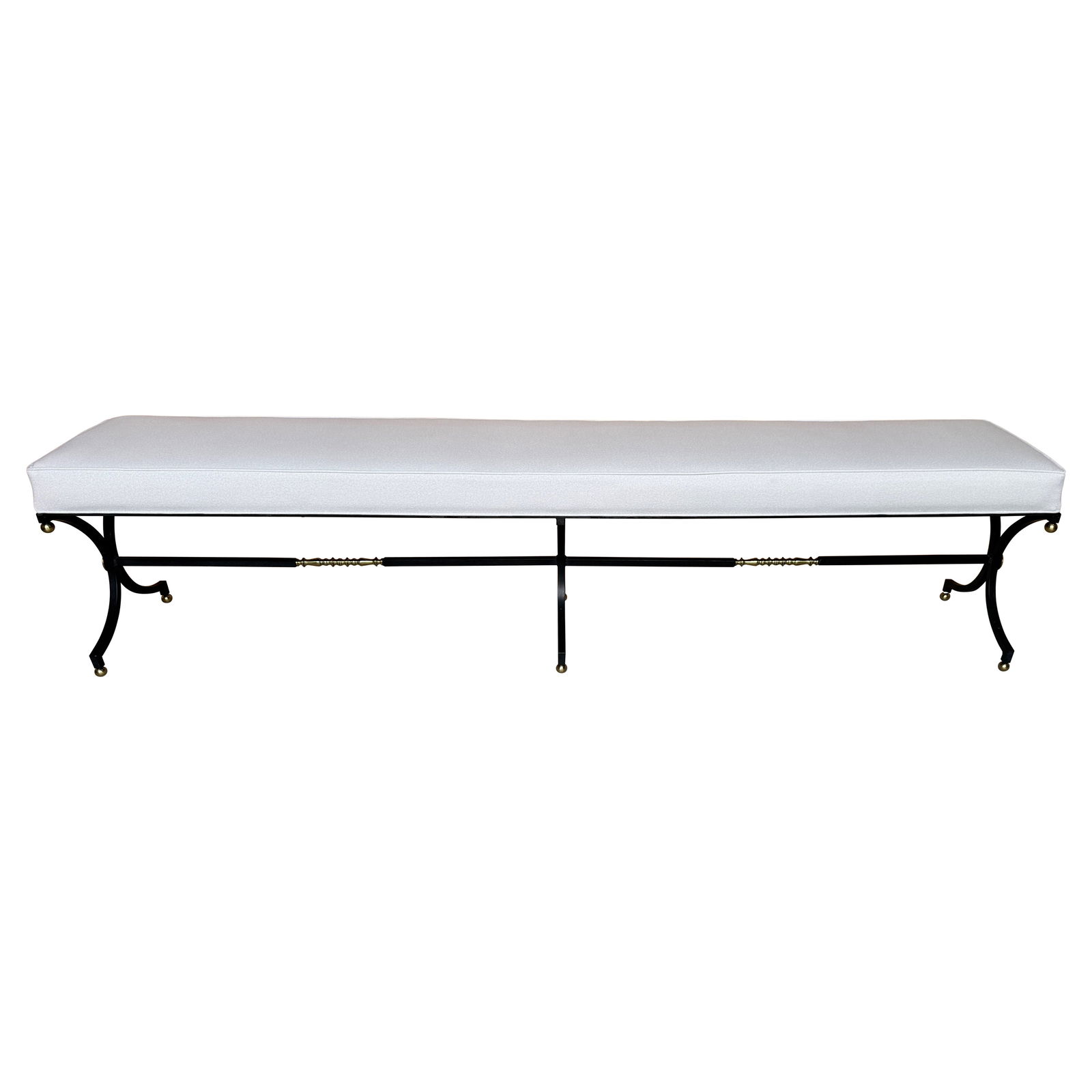 French Modern Long Bench in Maison Jansen Style with Brass and Wrought Iron: French Modern Long Bench in Maison Jansen Style with Brass and Wrought Iron Introducing an exceptional French Modern long bench in the style of Maison Jansen, measuring an impressive 94.5 inches wide,