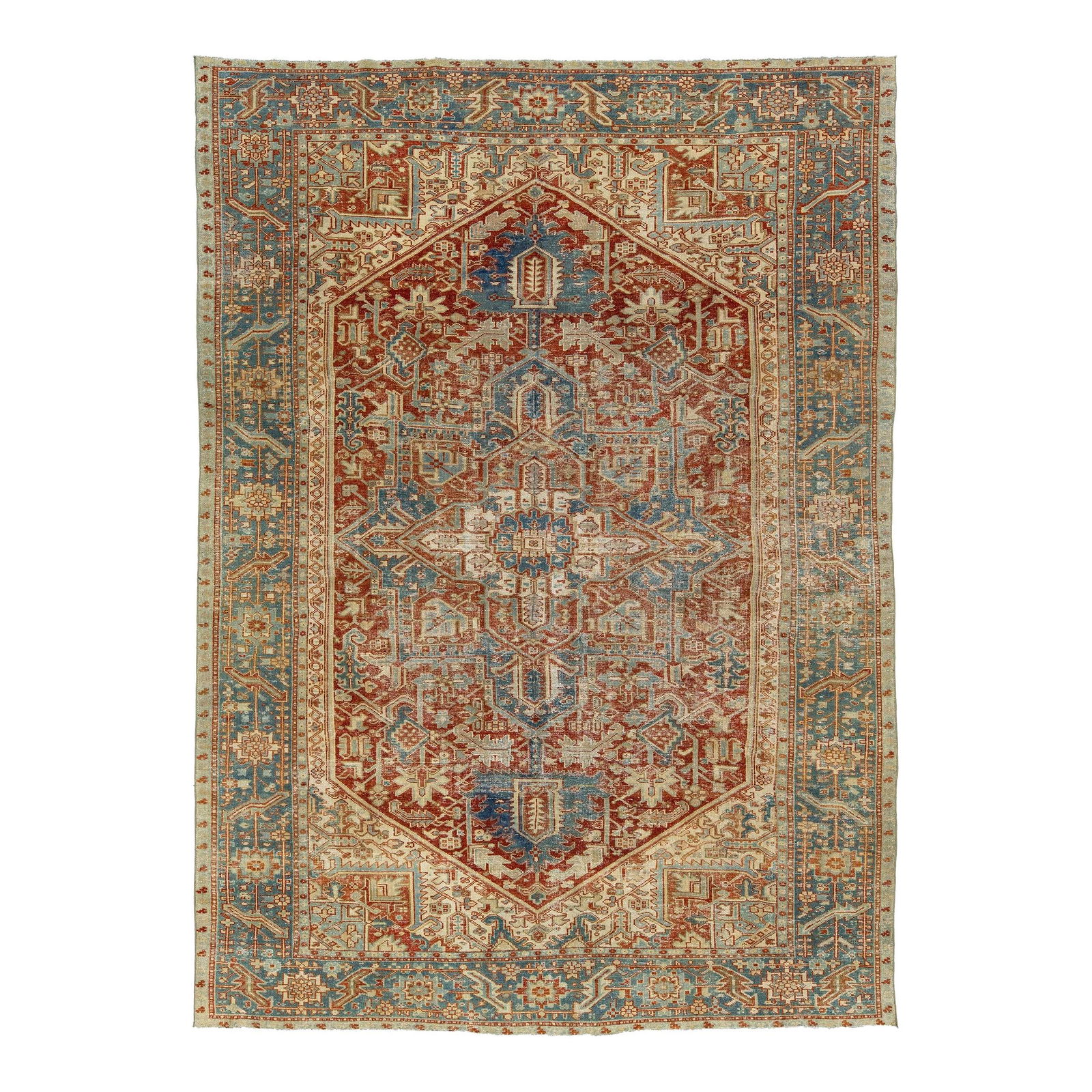Persian Heriz Antique Wool Rug Red Medallion 7'11 x 11: Persian Heriz Antique Wool Rug Red Medallion 7'11 x 11 This exquisite hand-knotted wool Persian Heriz rug features a captivating medallion motif, beautifully woven in an allover pattern of blue, brown