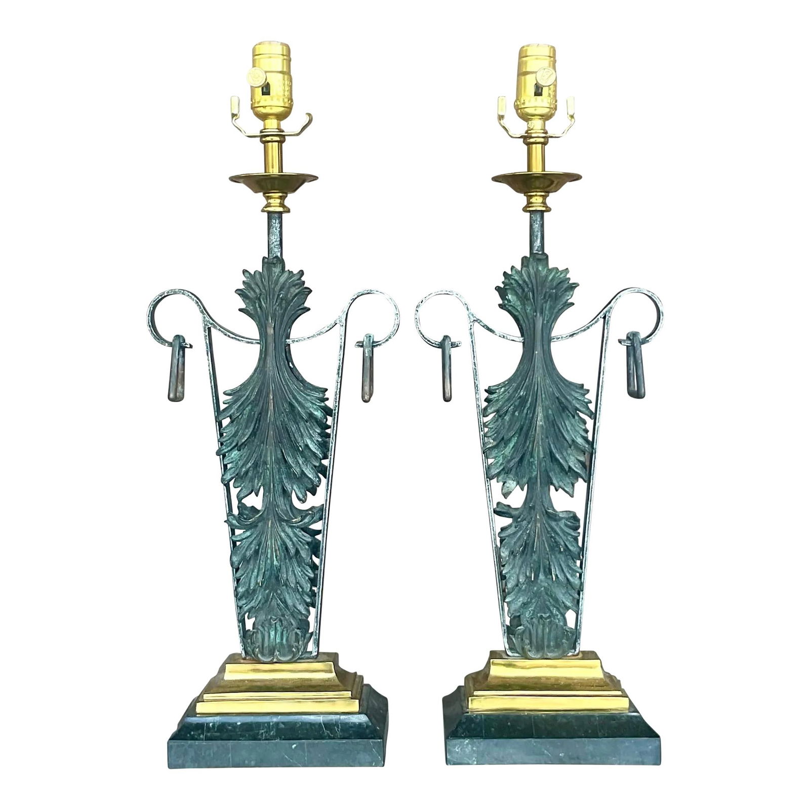 Maitland Smith Vintage Boho Fleur De Lys Lamps Pair Patinated Metal (1 of 7)