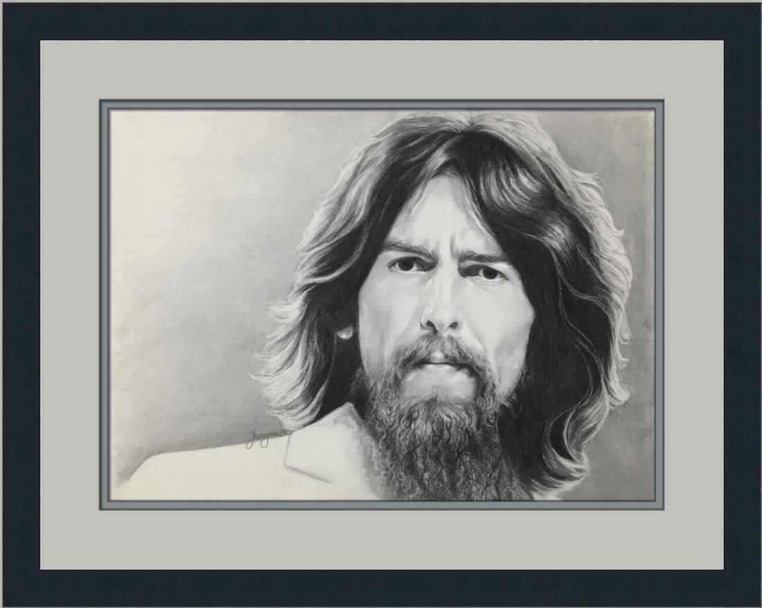 George Harrison Beatles Signed Limited Edition Framed Giclee Print by Georgina Flood: George Harrison Beatles Signed Limited Edition Framed Giclee Print by Georgina Flood This stunning signed giclee print by artist Georgina Flood showcases the iconic George Harrison of The Beatles. The