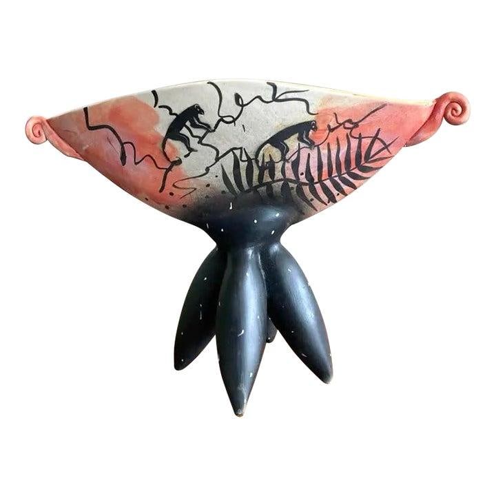 Boho Hand-Painted Ceramic Pedestal Bowl with Abstract Design: Boho Hand-Painted Ceramic Pedestal Bowl with Abstract Design This stunning late 20th-century pedestal bowl is a remarkable fusion of art and functionality. The surreal ceramic design features a hand-p