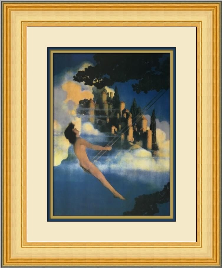 Maxfield Parrish The Dinkey Bird Framed Lithograph 1996: Maxfield Parrish The Dinkey Bird Framed Lithograph 1996 This exquisite custom framed print, titled "The Dinkey Bird," features the renowned artwork of Maxfield Parrish, celebrated for his fantasy real