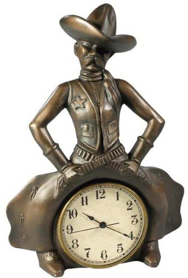 Bowlegged Cowboy Sheriff Hand-Cast Resin Clock Lodge Style 11.5": Bowlegged Cowboy Sheriff Hand-Cast Resin Clock Lodge Style 11.5" Add a touch of the American West to your decor with this hand-cast bowlegged cowboy sheriff resin clock. This unique clock features a d