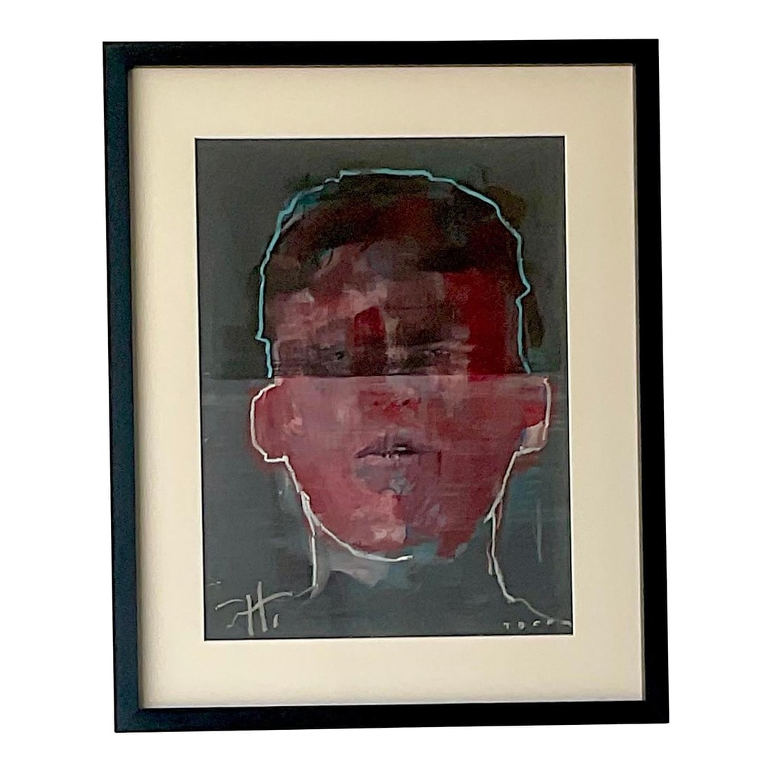 Vintage Boho Signed Oil Portrait of Young Man 23.25 x 29.5: Vintage Boho Signed Oil Portrait of Young Man 23.25 x 29.5 This stunning vintage abstract oil portrait painting features a chic contemporary composition of a young man, characterized by dark and seduc