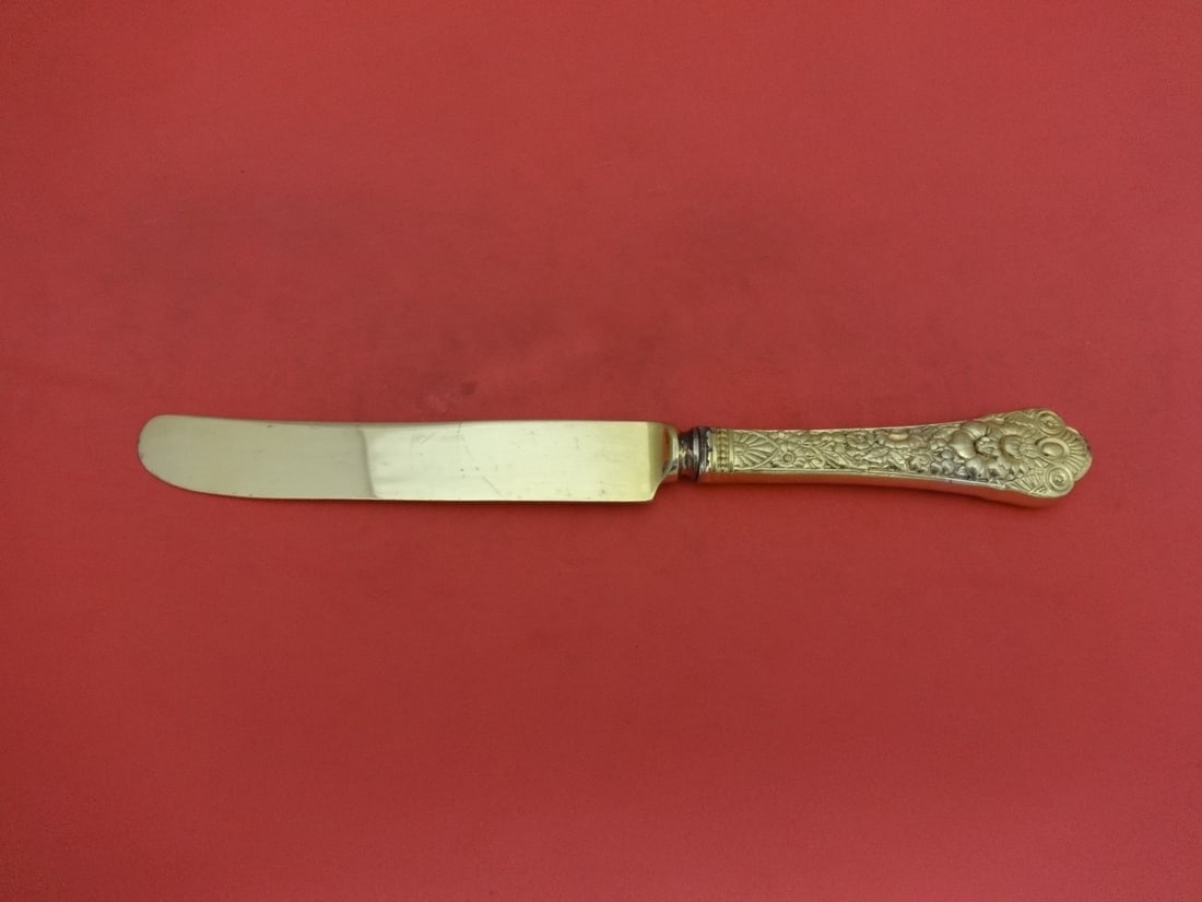 Gorham Cluny Vermeil Sterling Silver Knife 8 5/8 Inch: Gorham Cluny Vermeil Sterling Silver Knife 8 5/8 Inch This exquisite Cluny Vermeil knife by Gorham showcases a beautifully crafted sterling silver hollow handle paired with a durable stainless steel b