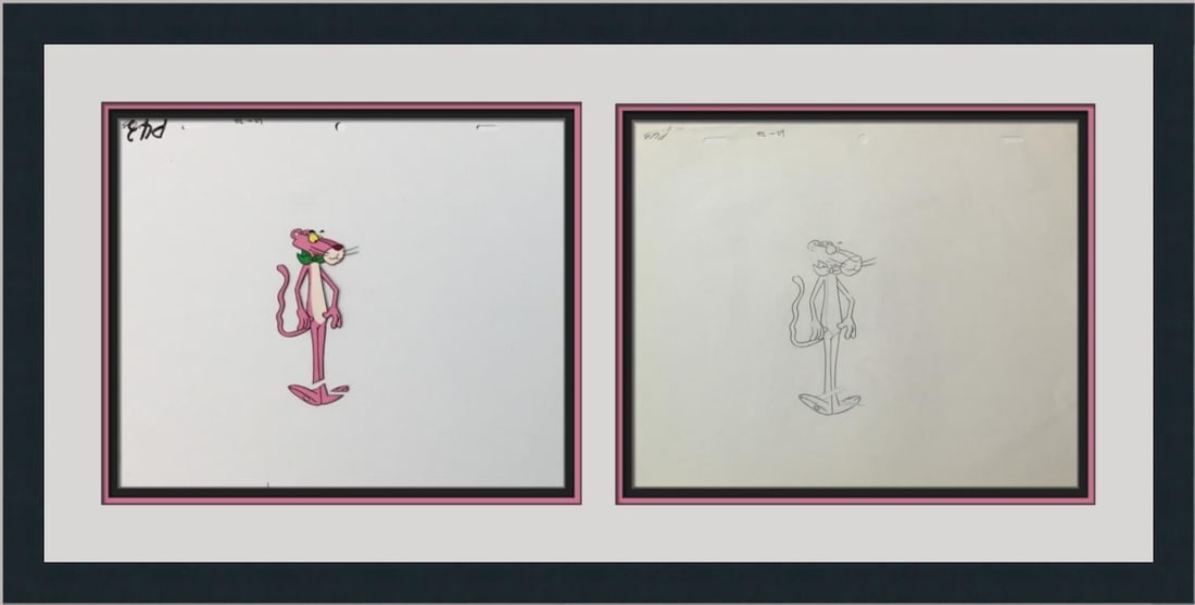 Original Pink Panther Hand Painted Production Cel 1970 Framed Art: Original Pink Panther Hand Painted Production Cel 1970 Framed Art This stunning original hand-painted animation production cel features the iconic Pink Panther character, created by the renowned Frele