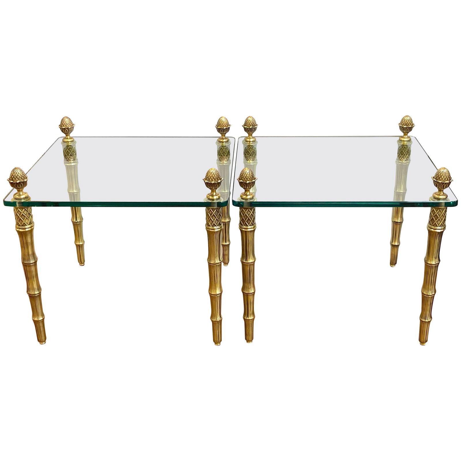 Pair of 1960s Maison Jansen Style Gilt Metal Faux Bamboo Glass End Tables: Pair of 1960s Maison Jansen Style Gilt Metal Faux Bamboo Glass End Tables This exquisite pair of gilt metal faux bamboo and glass square end tables embodies the timeless elegance of the Maison Jansen