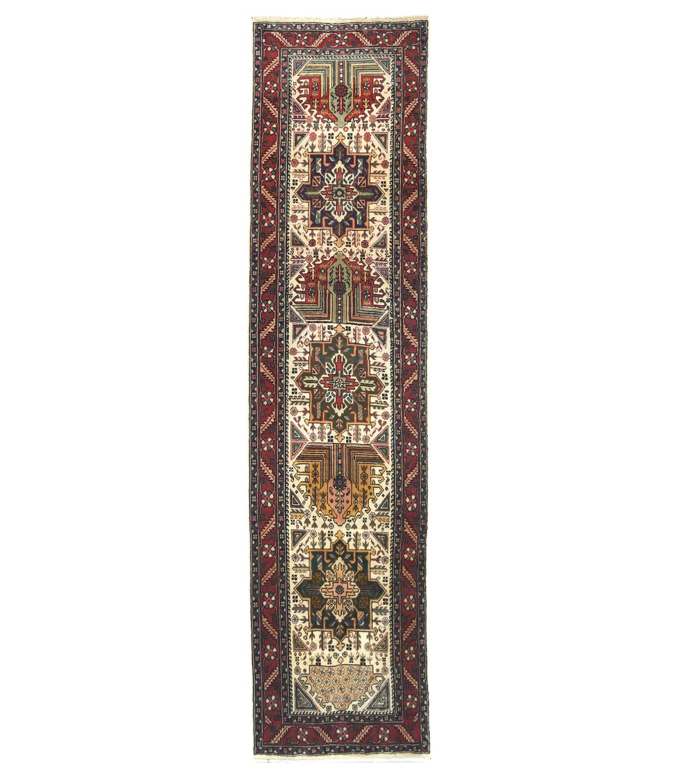 Hand-Knotted Wool Runner Rug 3'1 x 12'1 Vintage Geometric Cream: Hand-Knotted Wool Runner Rug 3'1 x 12'1 Vintage Geometric Cream Enhance your living space with this exquisite hand-knotted wool Oriental runner rug, measuring 3'1" x 12'1". Showcasing a traditional
