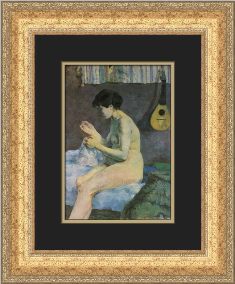 Paul Gauguin Study of Nude Suzanne Sewing Custom Framed Art Print: Paul Gauguin Study of Nude Suzanne Sewing Custom Framed Art Print This captivating print titled "Study of a Nude Suzanne Sewing" by renowned artist Paul Gauguin showcases a nude figure in a serene